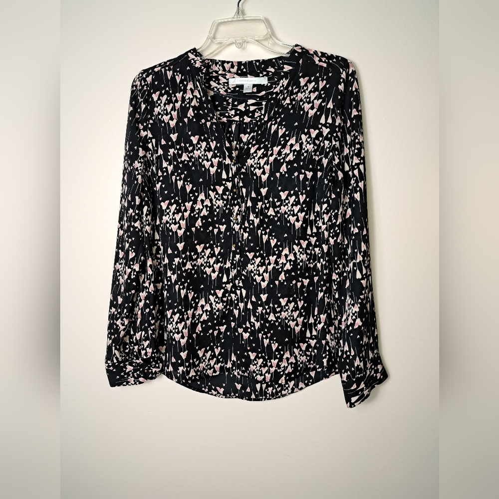 LC Lauren Conrad Heart Print Long Sleeve Roll Tab Sleeve Blouse Size Medium